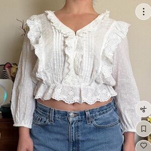 Guess White Eyelet Ruffle Crop Blouse
